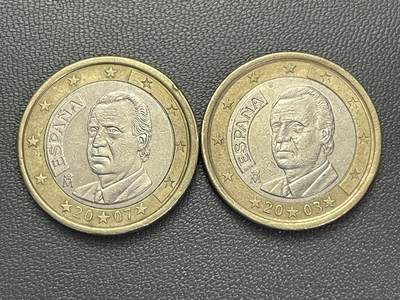 回流0110 - 西班牙2003、2007年1欧元双金属币两枚 国王胡安·卡洛斯一世