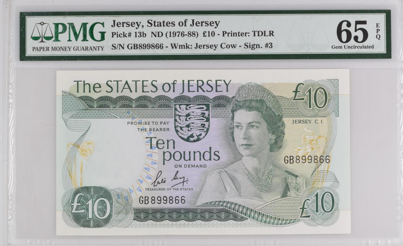 《艾美收藏》第229期-1.18周日外币荟萃 泽西1976-88年10镑次高值PMG65E倒置靓号 绝品品相 居中度稍差 女王钞精品 Pick#13b