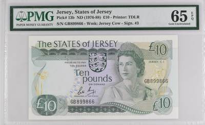 《艾美收藏》第229期-1.18周日外币荟萃 - 泽西1976-88年10镑次高值PMG65E倒置靓号 绝品品相 居中度稍差 女王钞精品 Pick#13b