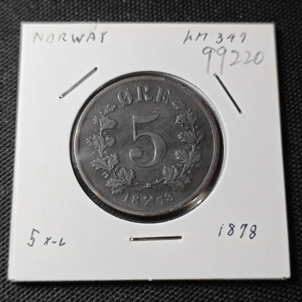 KK钱币收藏小铺  第399期  百期特拍（四拍之三）2月预留时间 周末发货  1878挪威5欧尔铜币