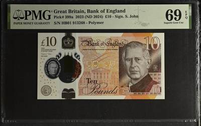 🎉🎉🎉《外钞收藏家》第六百期（年度庆典场）（本平台长期征集拍品、欢迎藏友们联系合作）❤️❤️❤️ - 2023年英国最新版 查尔斯10镑 无47 超高分亚军分非常稀少的首发冠号