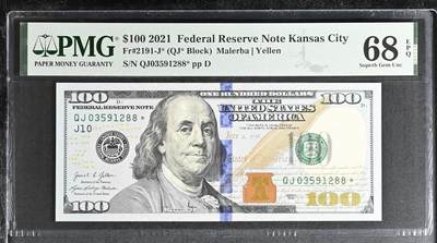 🎉🎉🎉《外钞收藏家》第六百期（年度庆典场）（本平台长期征集拍品、欢迎藏友们联系合作）❤️❤️❤️ - 2021年美国彩版100美元 PMG68 超高冠军分，无47尾88稀少星补号