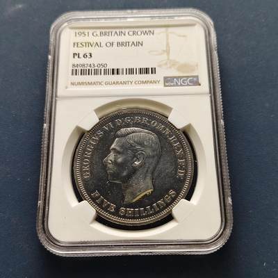 【全场包邮】纯粹捡漏拍493场 - 英国1951年乔治六世5先令最后的马剑克朗型纪念币-NGC PL63