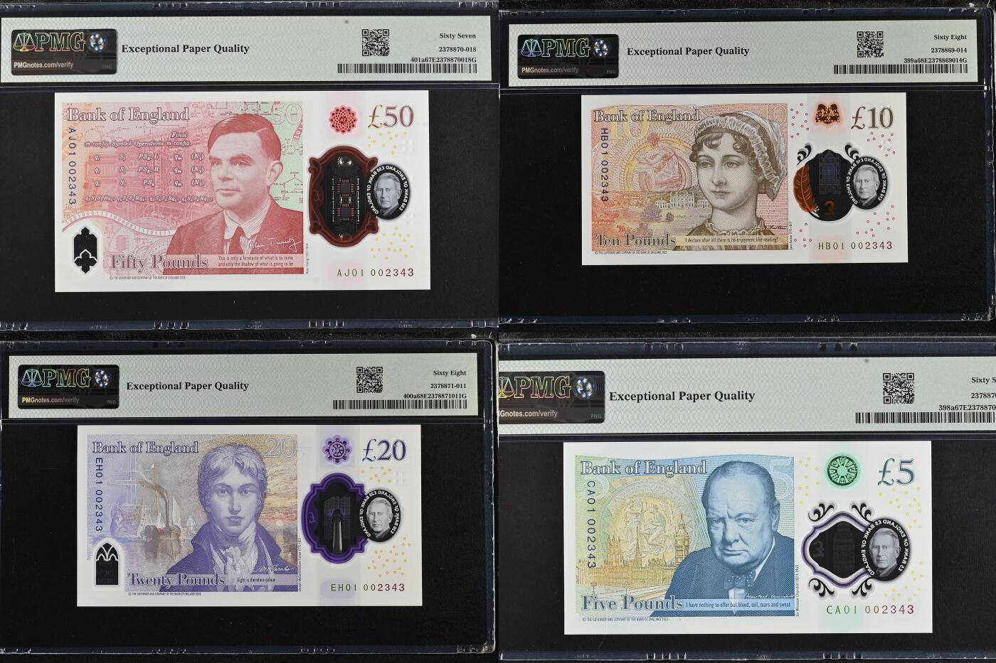 🐍甜小邱世界纸币收藏🐍第139期精品场💐 【首发冠+002343全同号+超高分全套】PMG67/68 英国 5/10/20/50 镑 查尔斯头像 2023最新版