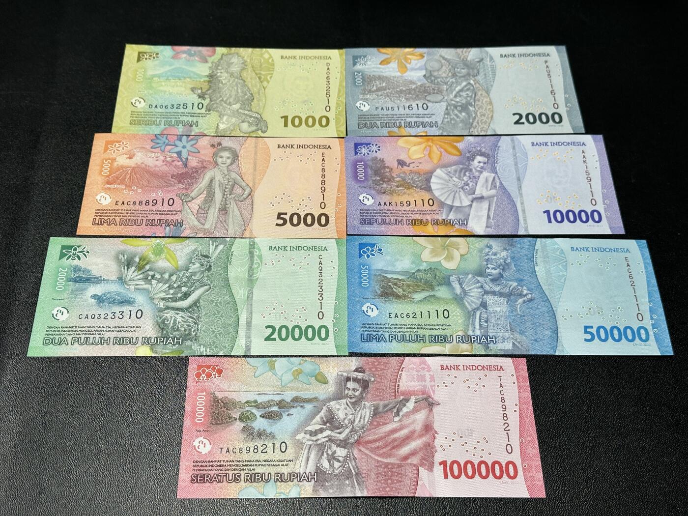 《外钞收藏家》第六百零一期（畅拍场）（本平台长期征集拍品、欢迎藏友们联系合作） 印度尼西亚2022年清版7张一套（1千-10万卢比，全部全程无47，尾二同10）	UNC