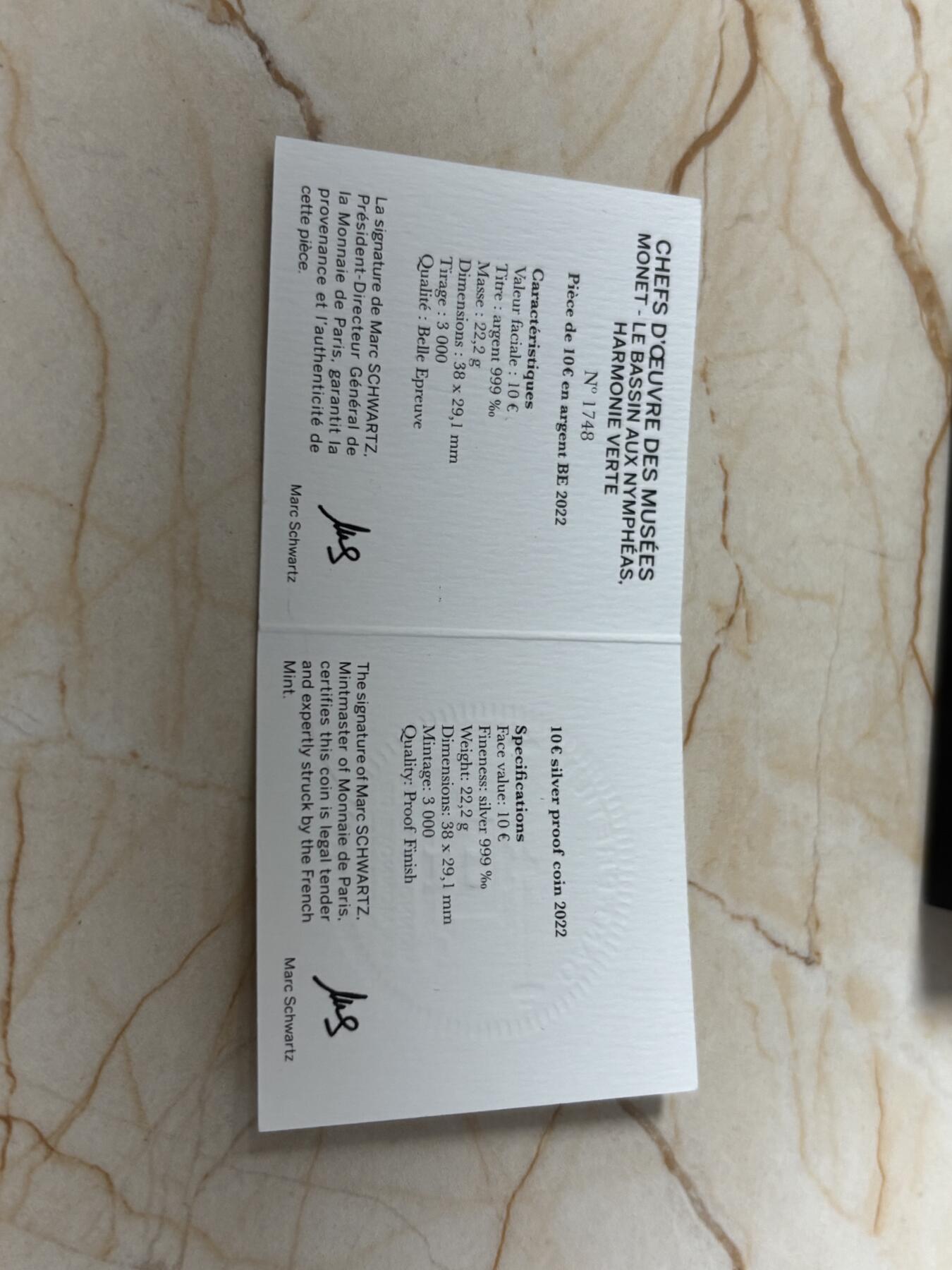 第187期拍卖 法国2022年博物馆的杰作系列莫奈睡莲矩形纪念银币，999银，22.2克，发行量3000枚