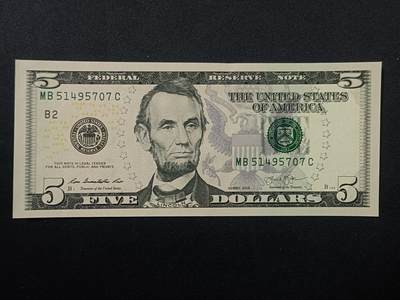 【游宝拍卖】乙巳蛇年第108期 周六集拍 - 美国-5美元【SERIES-2013 B2纽约 全新UNC】