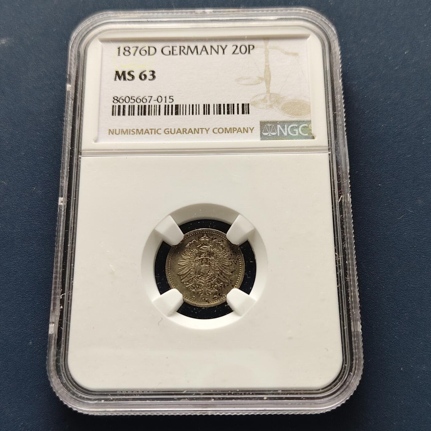 【全场包邮】纯粹捡漏拍493场 德国第二帝国1876年短翅鹰20芬尼银币-NGC MS63