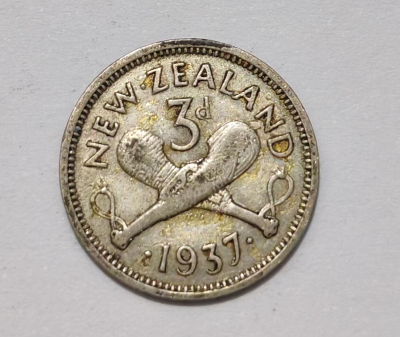 外国货币 1937年新西兰发行的3便士（Threepence）银币，50%银