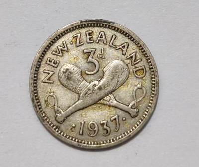 外国货币 - 1937年新西兰发行的3便士（Threepence）银币，50%银