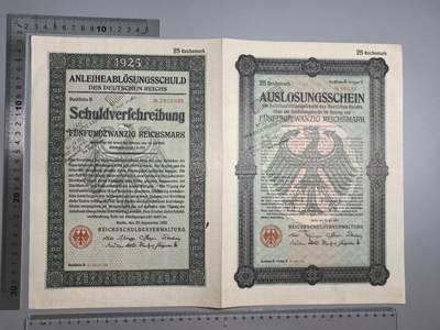 小驴勋章奖章收藏1月10日周六晚六点拍卖（珍爱和平，收藏战争，铭记历史，勿忘国耻，忠党爱国。有偿代拍，送拍规则在简介最后，参拍须阅读规则后再参拍，关系到运费包装发货时效真假辨别等关键信息，拍卖时不再发原图，看大图店主微信码在拍卖店铺介绍里） - 25年25马克债券