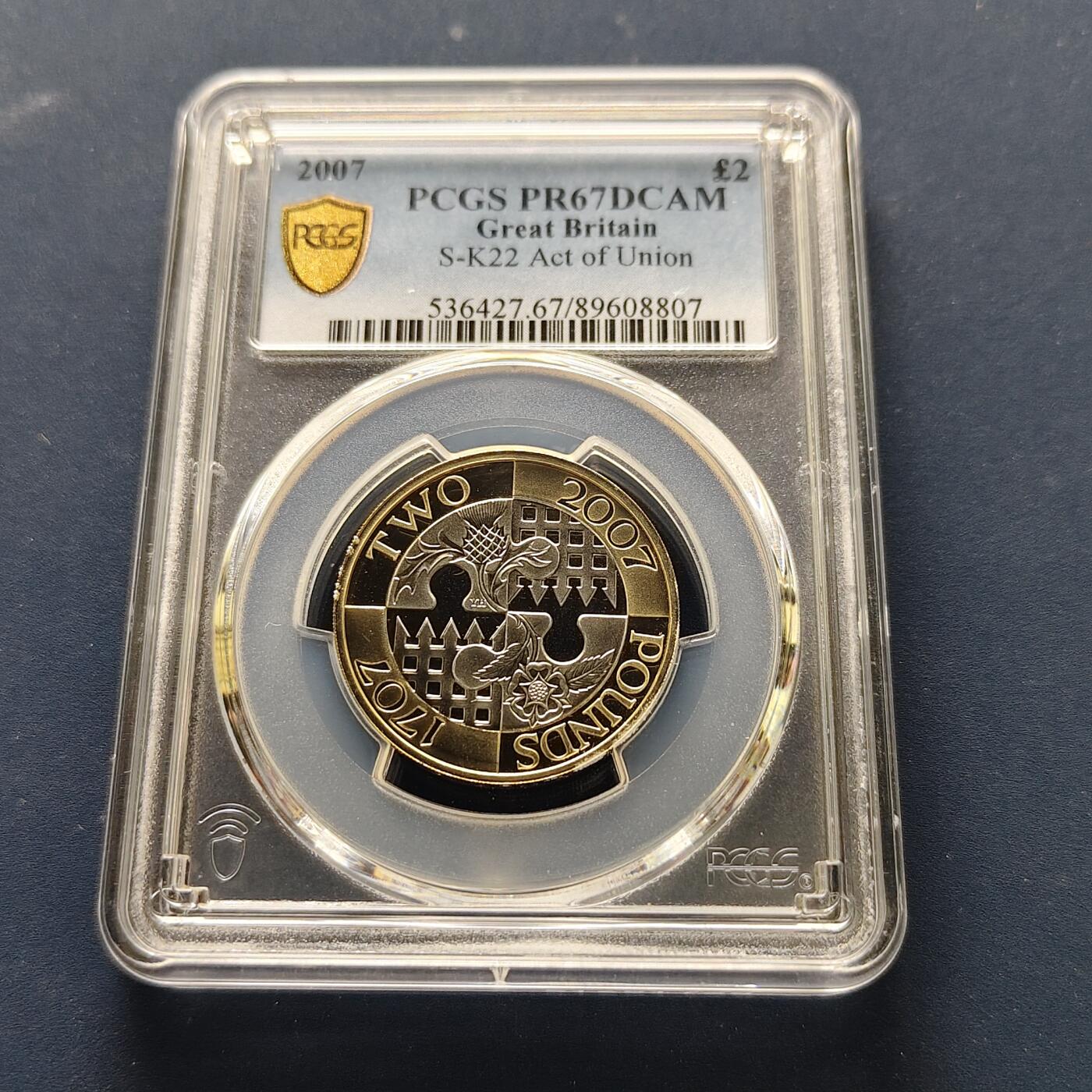 【全场包邮】纯粹捡漏拍493场 【收藏级】英国2007年2镑联合法案300周年精制双色纪念币-PCGS PR67 DCAM（更高分仅4枚）