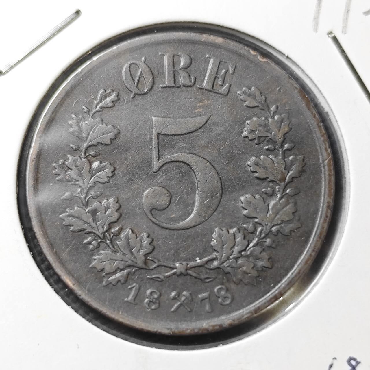 KK钱币收藏小铺  第399期  百期特拍（四拍之三）2月预留时间 周末发货  1878挪威5欧尔铜币