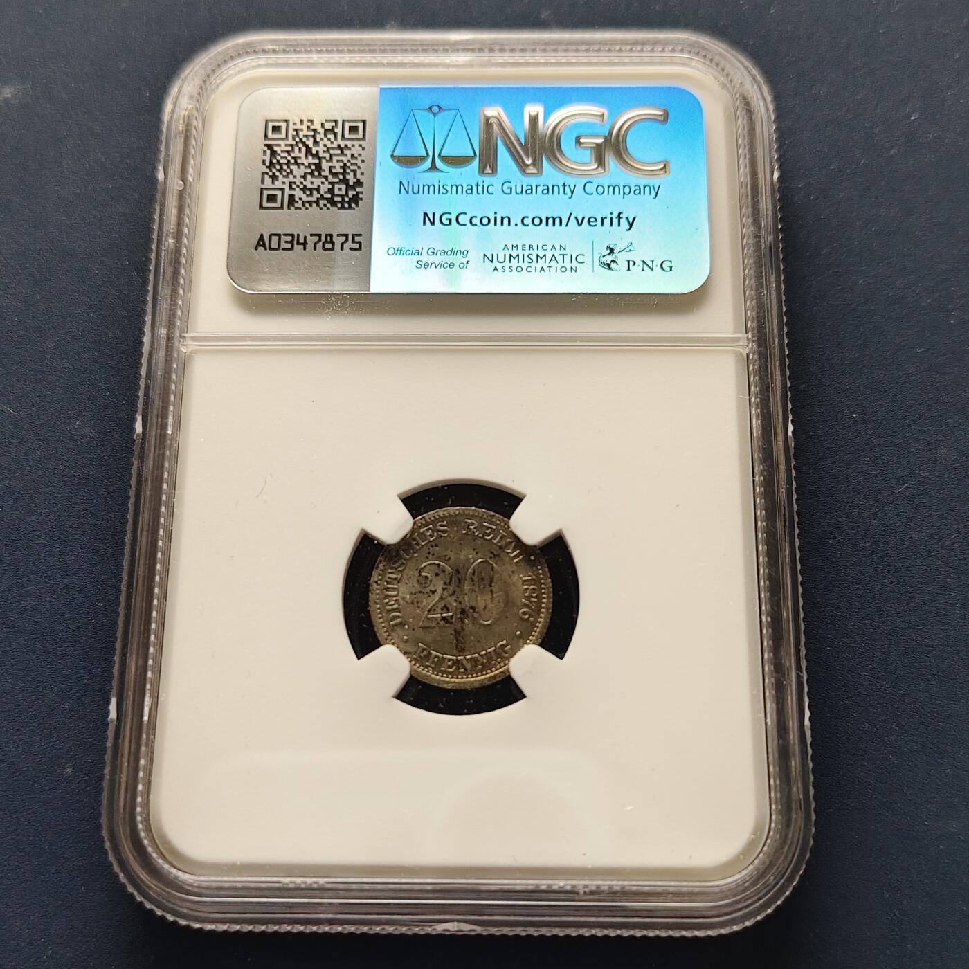 【全场包邮】纯粹捡漏拍493场 德国第二帝国1876年短翅鹰20芬尼银币-NGC MS63