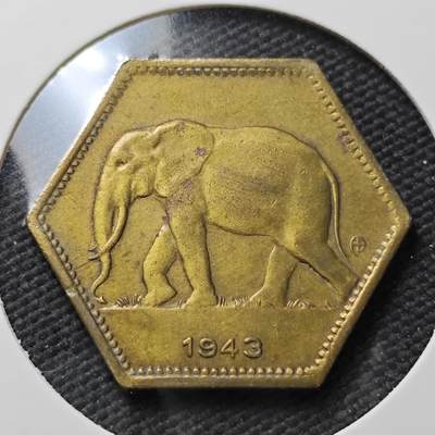 KK钱币收藏小铺  第399期  百期特拍（四拍之三）2月预留时间 周末发货 -  1943刚果2法郎多边形铜币 大象!