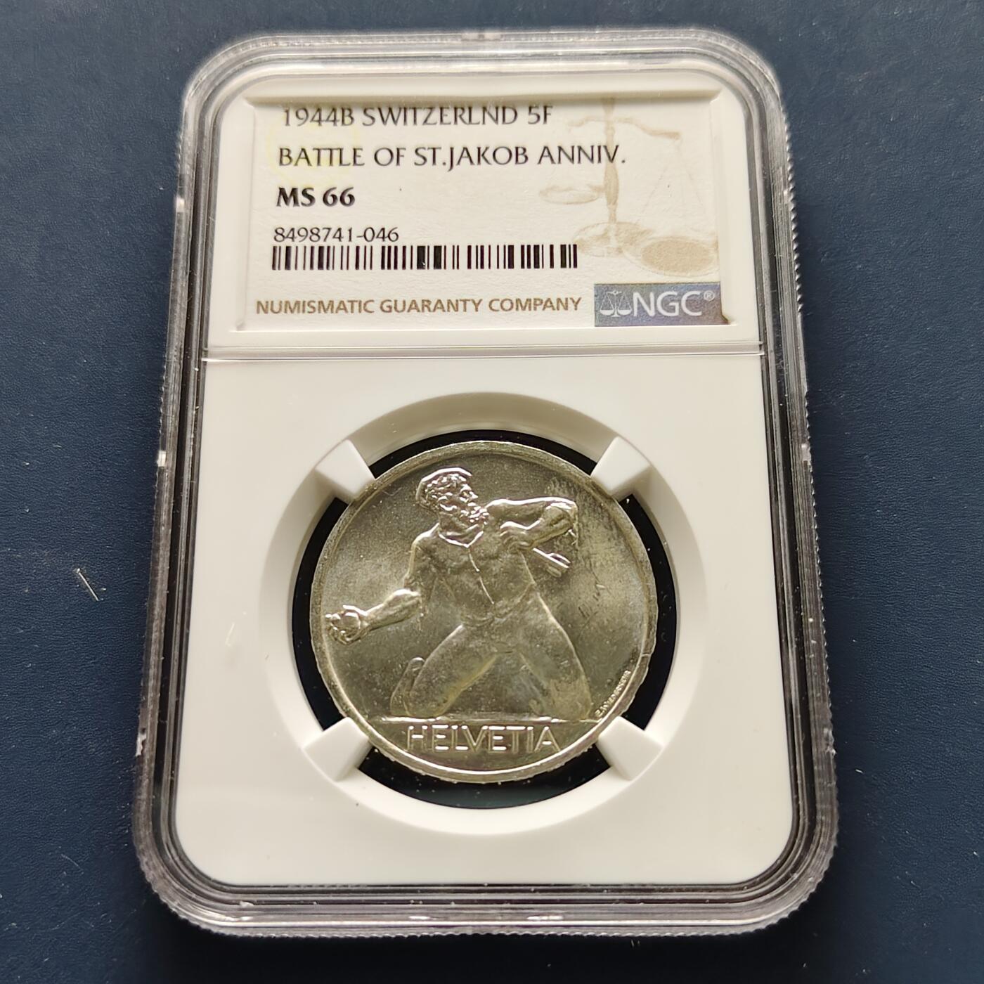 【全场包邮】纯粹捡漏拍493场 【收藏级】瑞士1944年5法郎比尔河畔圣雅各布战役500周年纪念银币-NGC MS66