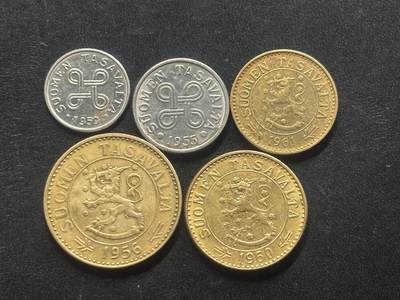 邮泉阁限时拍卖第三十九场 欧洲专场（硬币在国外。请付邮费6元。） 芬兰1950-1960年代5枚