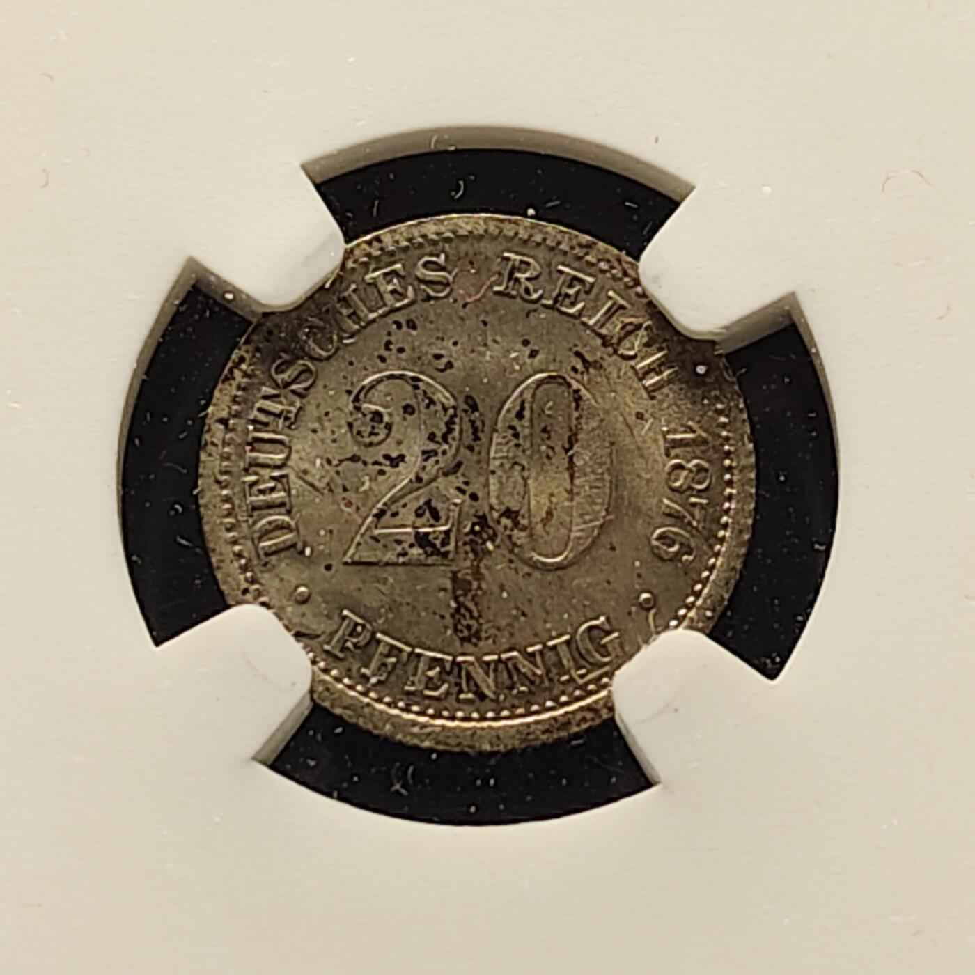 【全场包邮】纯粹捡漏拍493场 德国第二帝国1876年短翅鹰20芬尼银币-NGC MS63