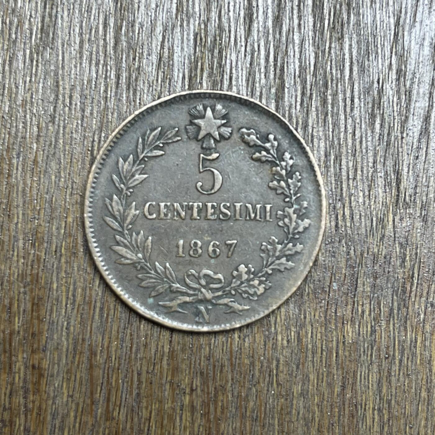 【铜匠收藏】★第137场★散币场。不寄存，30包邮。不满30元，支付5元运费。《接受代拍 代送NGC评级》 20【无寄存】1867 意大利 伊曼纽尔二世 5分 铜币