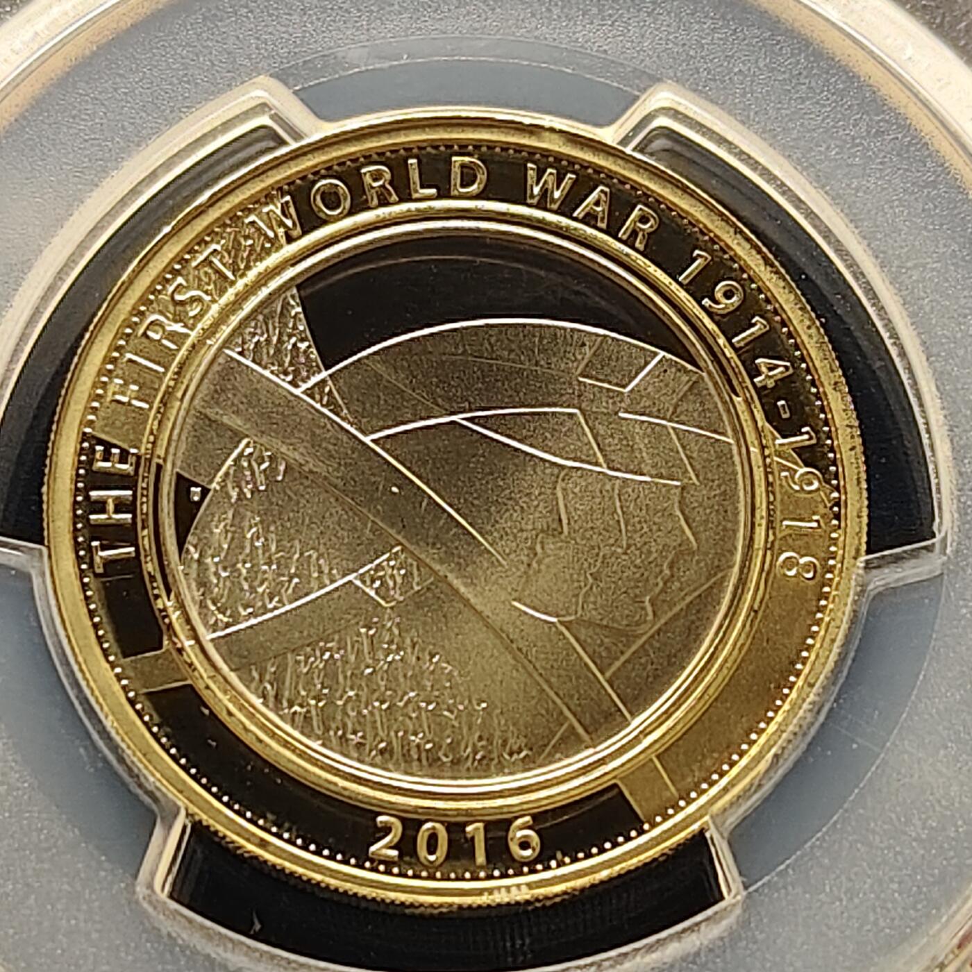 【全场包邮】纯粹捡漏拍493场 【收藏级·亚军分】英国2016年2镑一战百年精制双色纪念币-PCGS PR67 DCAM（更高分仅1枚）