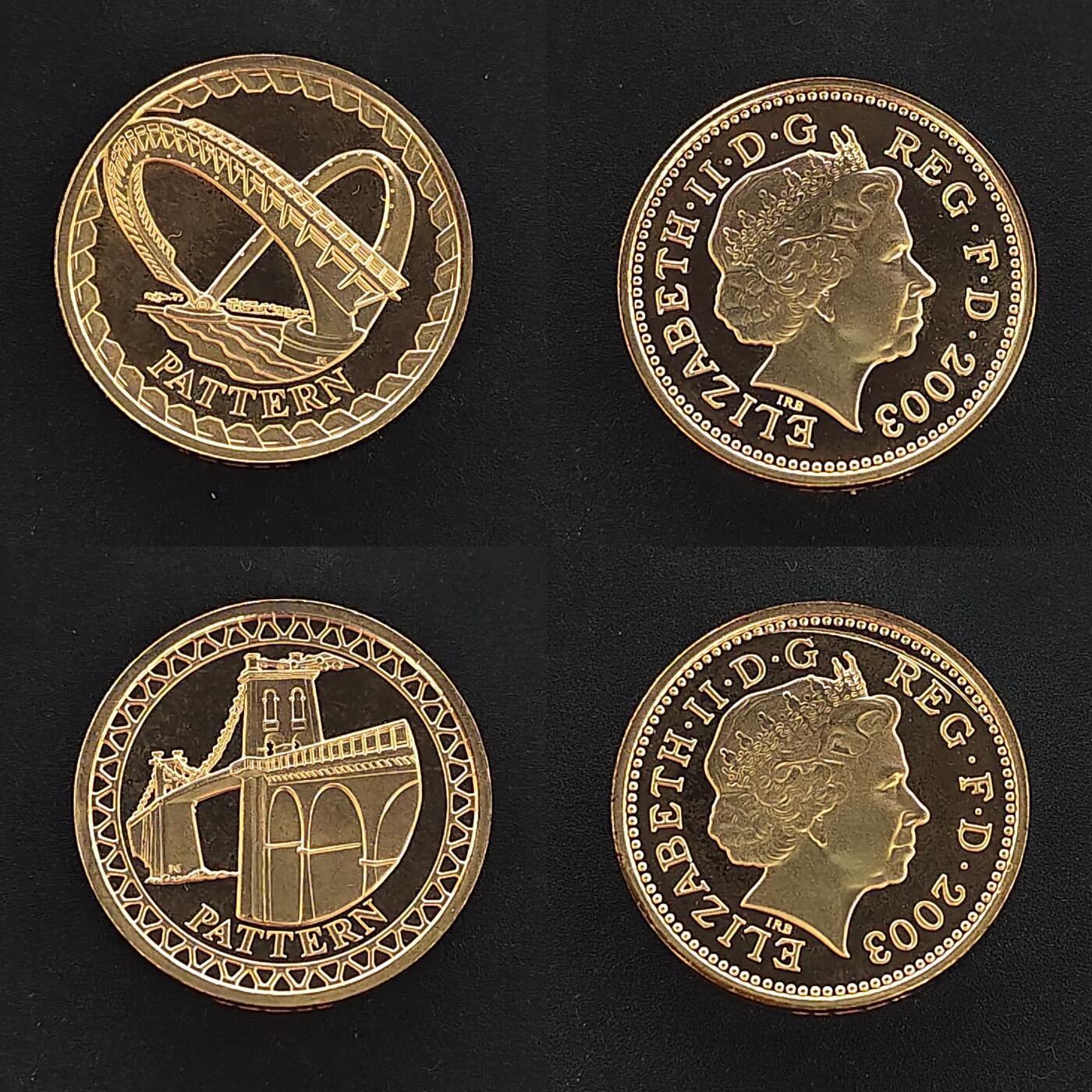 【全场包邮】纯粹捡漏拍493场 【样币·少见】英国2003-2004年1镑桥系列官方精制全银4枚套装（第四铁路桥为1镑精制银币，其余3枚为PATTERN样币）-盒证全【22.5毫米9.5克4枚，纯银价约633元（按18元银价折算）】