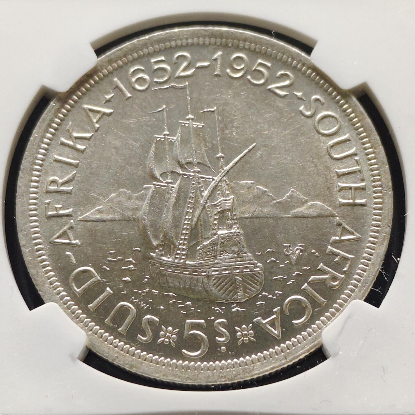 【全场包邮】纯粹捡漏拍493场 南非1952年5先令发现开普敦300周年克朗型纪念大银币-NGC MS62