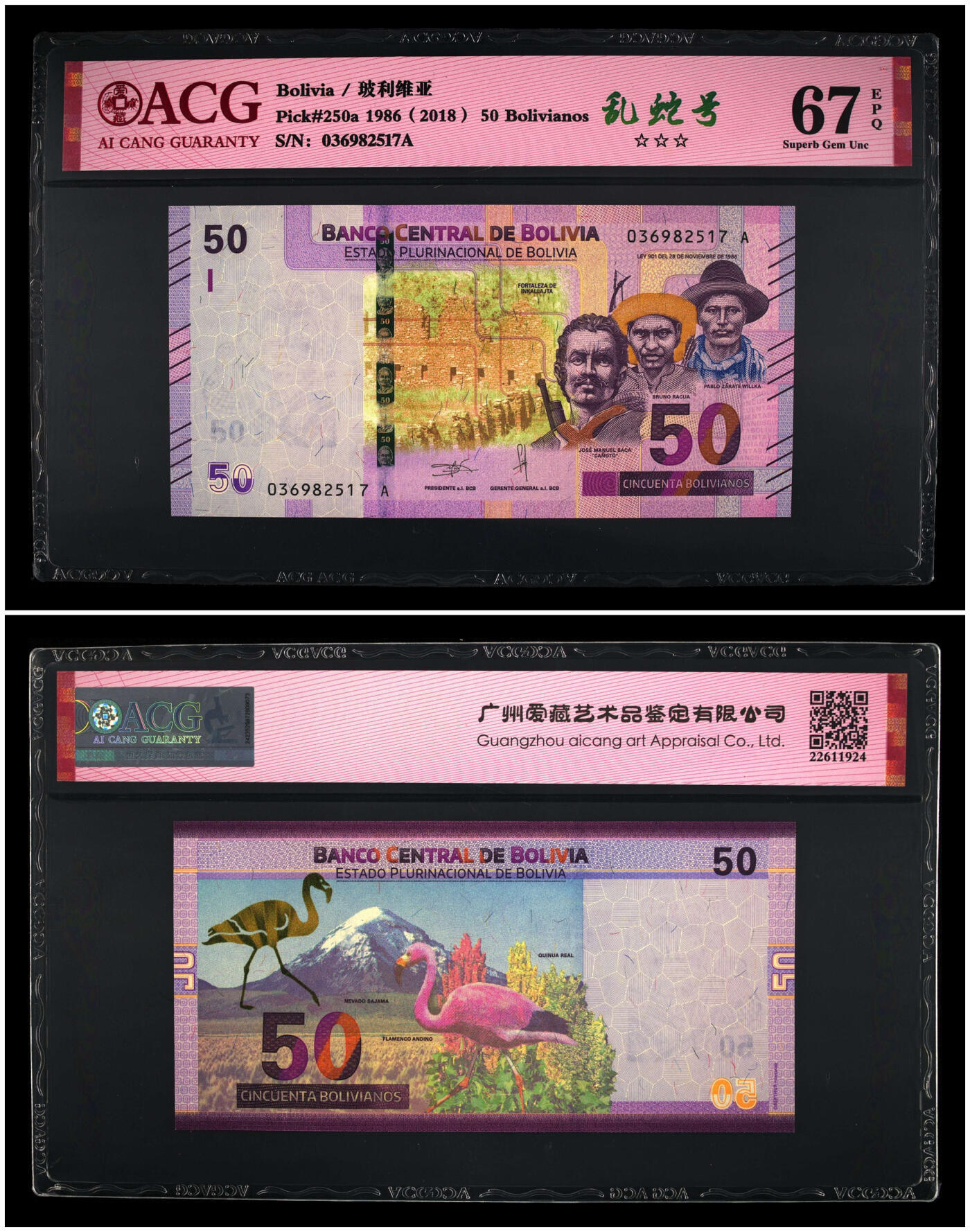 《艾美收藏》第229期-1.18周日外币荟萃 (5张)玻利维亚2018年首发A冠10-200玻利维亚诺全套爱藏评级高分