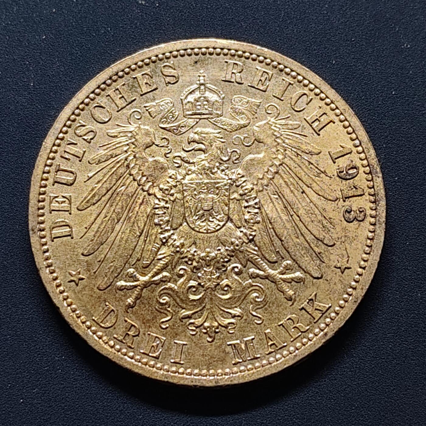 【全场包邮】纯粹捡漏拍493场 德国普鲁士1913年花枝3马克威廉二世国王在位25周年纪念银币