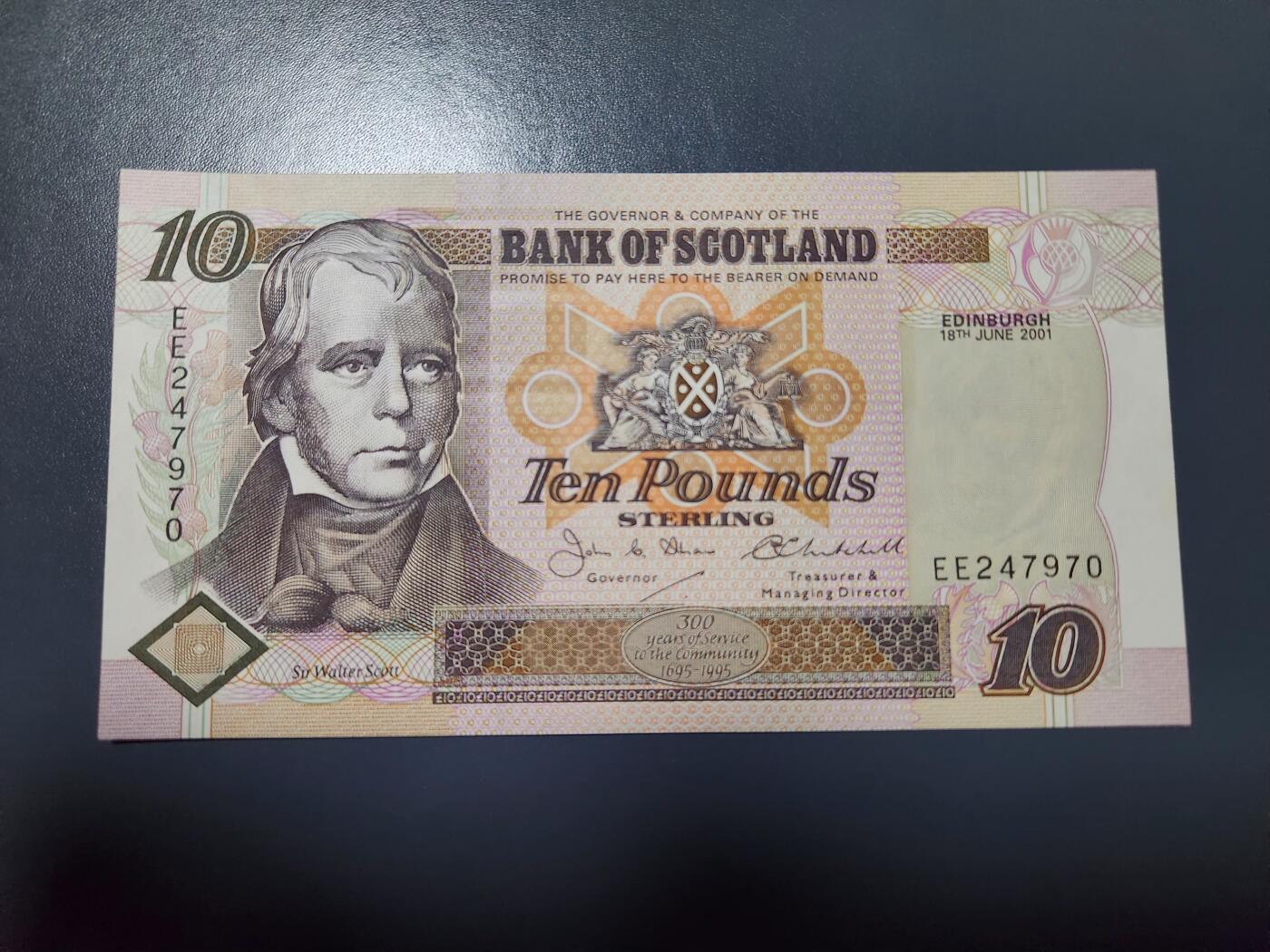 1月10号晚上8点 外国纸币自动截拍第82场 全新UNC 苏格兰10镑 斯格特爵士 2001年 