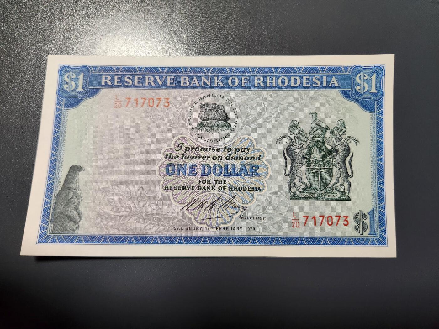 1月10号晚上8点 外国纸币自动截拍第82场 罗得西亚 1970年1元 罂粟花田 罗得西亚 首版稀少 全新