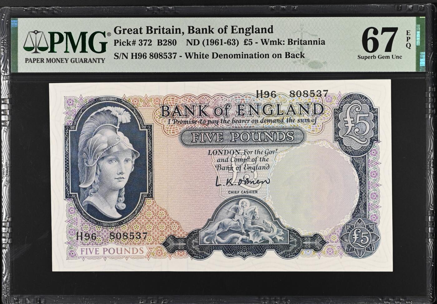 《艾美收藏》第229期-1.18周日外币荟萃 英国B序列1961-63年5镑PMG67E高分无4 空心版 Pick#372