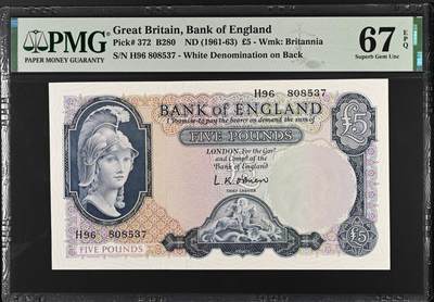 《艾美收藏》第229期-1.18周日外币荟萃 - 英国B序列1961-63年5镑PMG67E高分无4 空心版 Pick#372