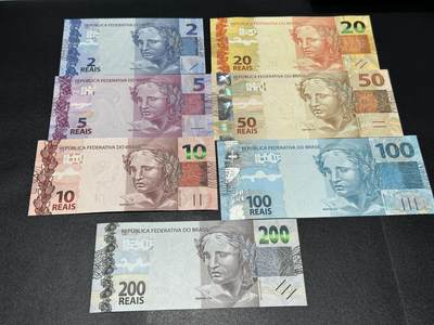 《外钞收藏家》第六百零一期（畅拍场）（本平台长期征集拍品、欢迎藏友们联系合作） - 巴西新版2-200雷亚尔7张一套（5/200是AA字冠，多张全程无47）	UNC 