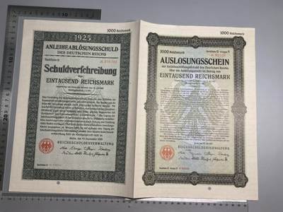 小驴勋章奖章收藏1月10日周六晚六点拍卖（珍爱和平，收藏战争，铭记历史，勿忘国耻，忠党爱国。有偿代拍，送拍规则在简介最后，参拍须阅读规则后再参拍，关系到运费包装发货时效真假辨别等关键信息，拍卖时不再发原图，看大图店主微信码在拍卖店铺介绍里） - 25年1000马克债券