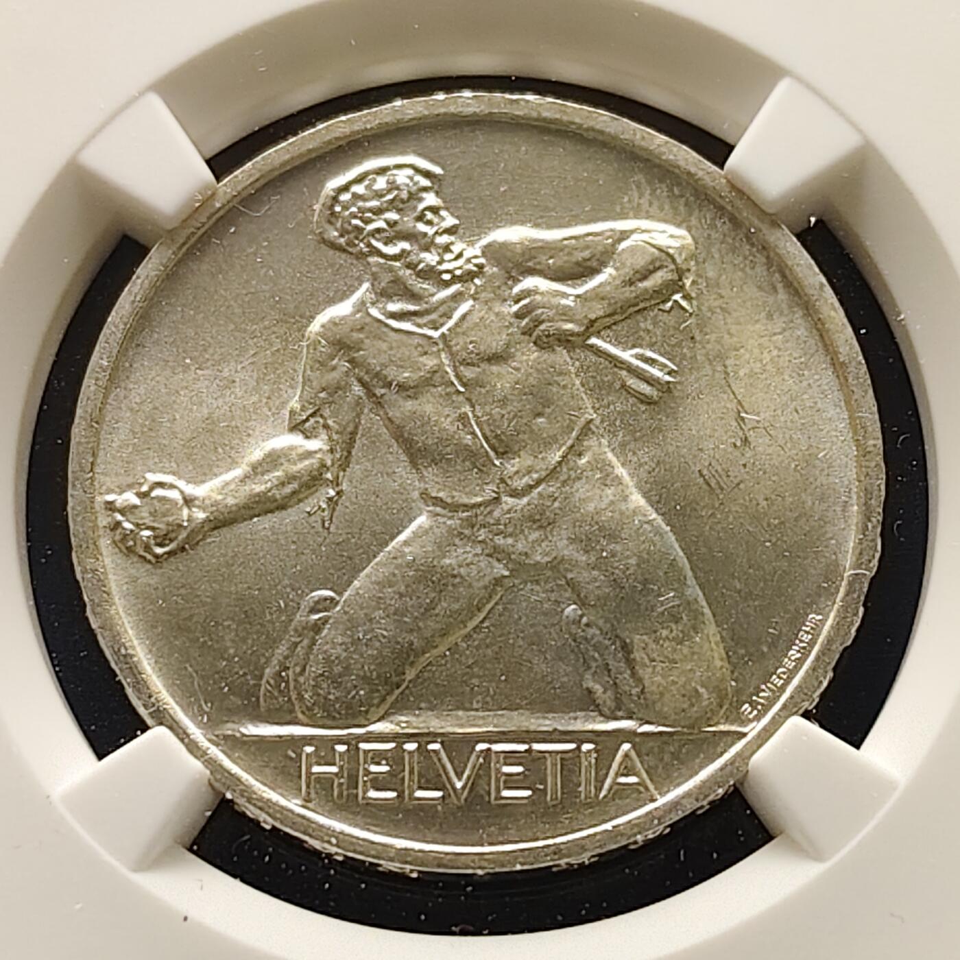 【全场包邮】纯粹捡漏拍493场 【收藏级】瑞士1944年5法郎比尔河畔圣雅各布战役500周年纪念银币-NGC MS66