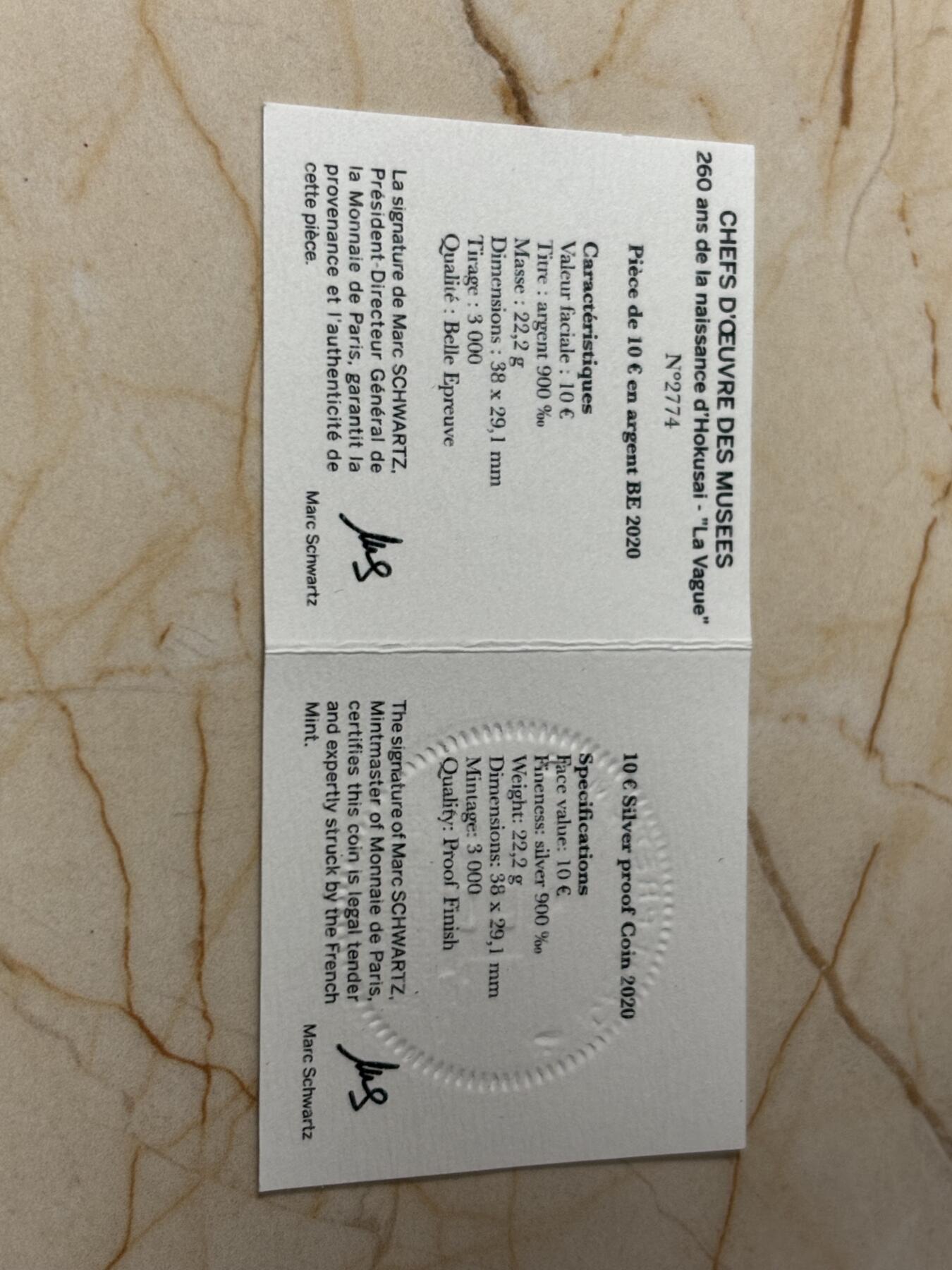 第187期拍卖   法国2020年博物馆杰作系列《神奈川冲浪里》纪念银币，900银，22.2克，发行3000枚，有轻微氧化