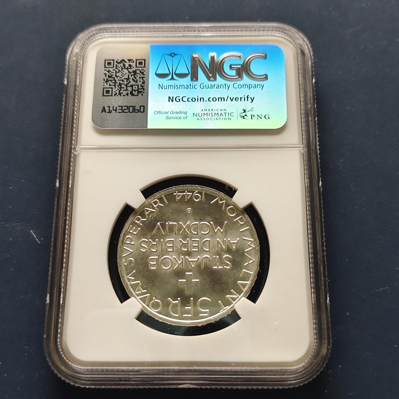 【全场包邮】纯粹捡漏拍493场 【收藏级】瑞士1944年5法郎比尔河畔圣雅各布战役500周年纪念银币-NGC MS66