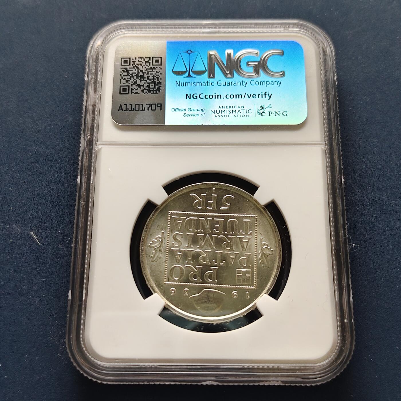【全场包邮】纯粹捡漏拍493场 瑞士1936年5法郎战时公债纪念银币-NGC MS64