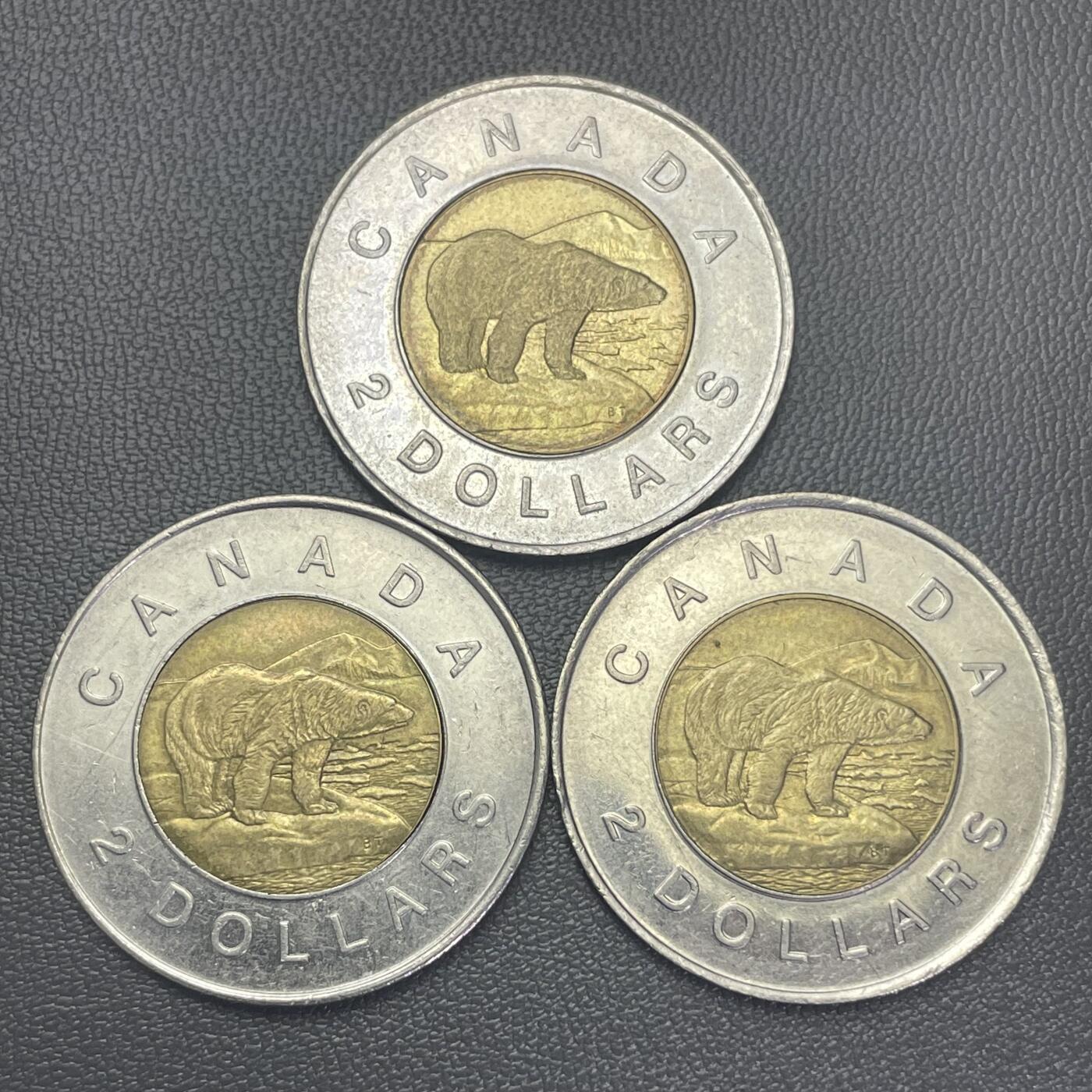 回流0110 加拿大1996年2加元双金属币3枚美品 北极熊