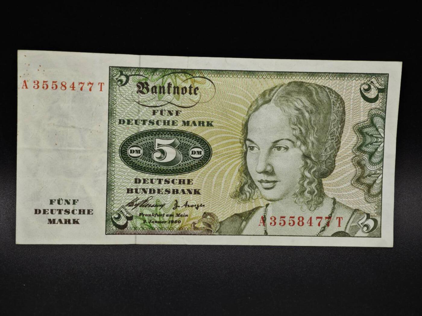 【淘币小摊】限时拍第八百四十五拍  纸币场  满百包邮可预留两周  周一统一发货  德国1960年5马克纸币【有折】