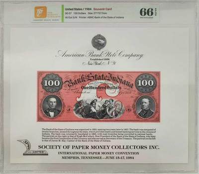 《外钞收藏家》第六百零一期（畅拍场）（本平台长期征集拍品、欢迎藏友们联系合作） - 1984年 美国钞票公司(ABNC)印制 100美元雕刻版票样纪念卡 原版纸币1857年间由美国印第安纳州银行(The Bank of the State of Indiana)发行流通 该雕刻版票样纪念卡为百年原钞凹版母版印制(非普通平面印刷)并以极小规模限量发行 
