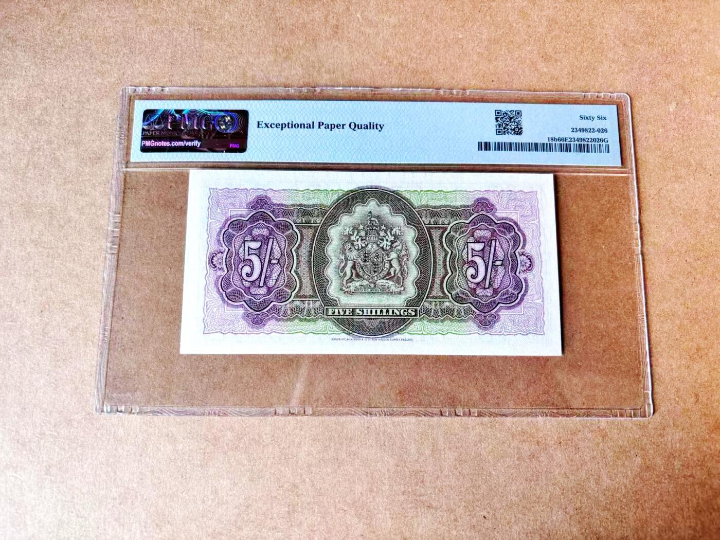 【Blue Auction】世界纸币精拍第774期——18级TOP拍卖/信誉/品质/专业/高效💫 【与上一张连号】百慕大 1957年5先令 BWC出品 满版水印 年轻女王侧面像 PMG66EPQ