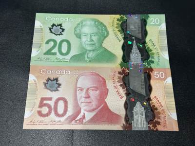 《外钞收藏家》第六百零一期（畅拍场）（本平台长期征集拍品、欢迎藏友们联系合作） - 加拿大塑料钞20加元全新和50加元有一道接近贯穿的压痕软折 2张一起