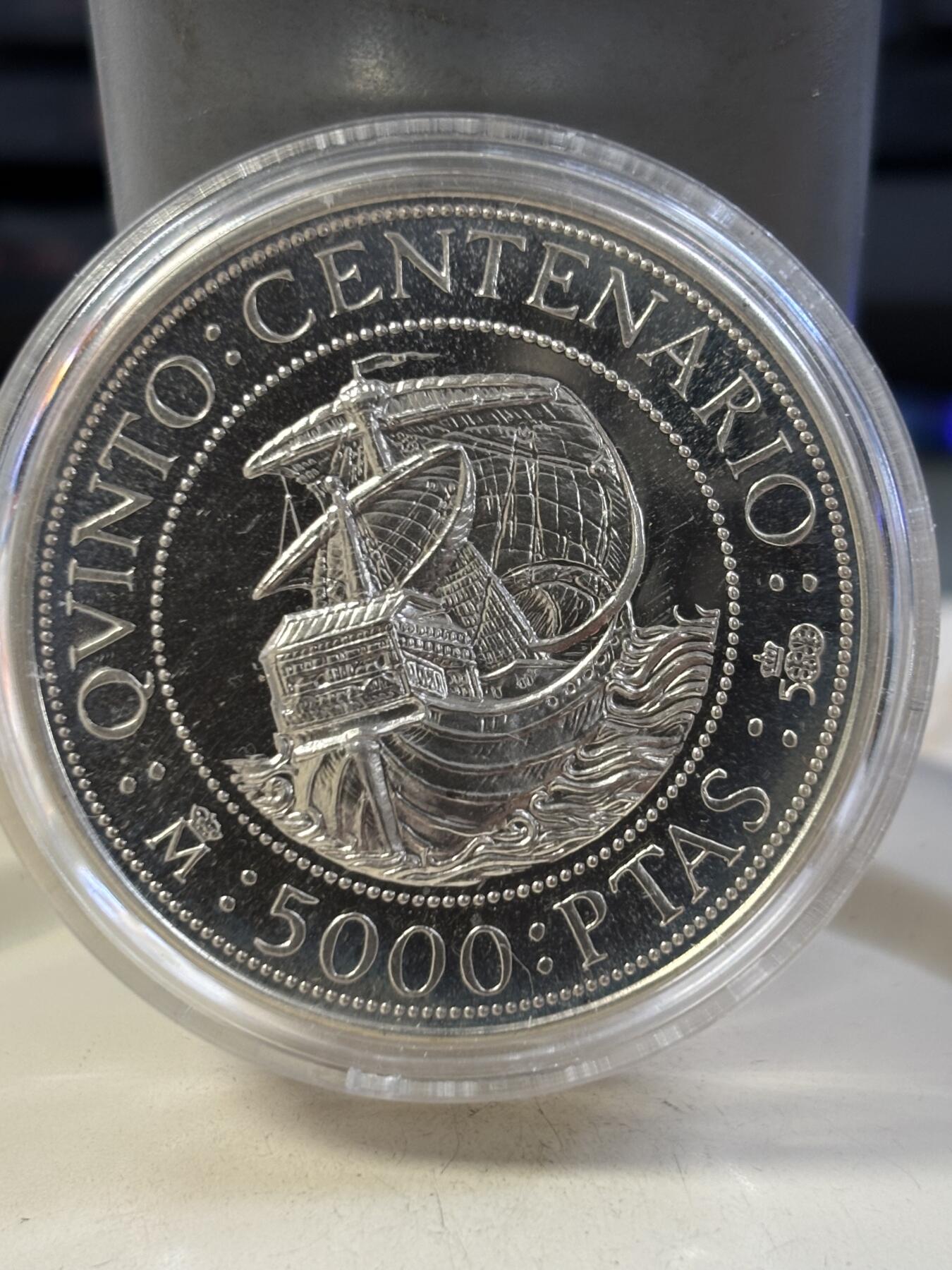 第187期拍卖 获奖西班牙1989年哥伦布旗舰圣玛利亚号加厚银币，获1991年度世界克劳斯最佳克朗币大奖，925银，