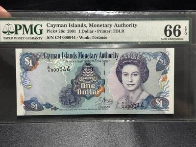 《外钞收藏家》第六百零一期（畅拍场）（本平台长期征集拍品、欢迎藏友们联系合作） - 2001年开曼群岛群岛1元 小号44号 PMG66