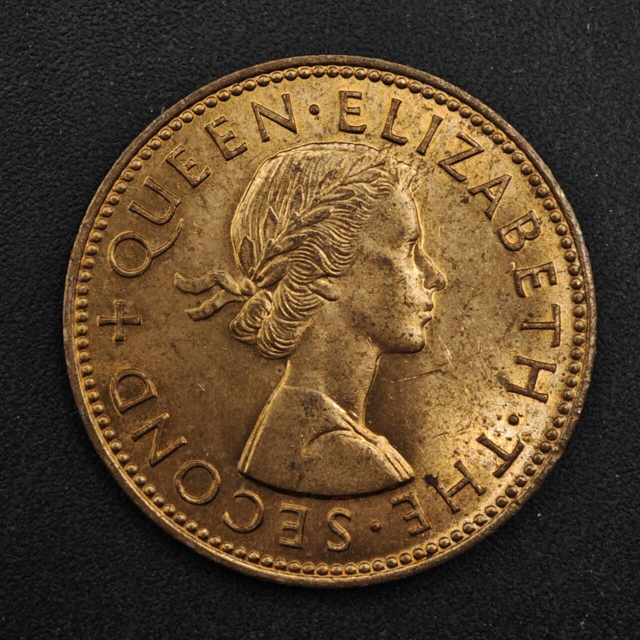 【淘币小摊】实时拍第八百四十八拍   散币银币场   满百包邮可预留二周 每周一统一发货   新西兰1964年伊丽莎白二世半便士铜币