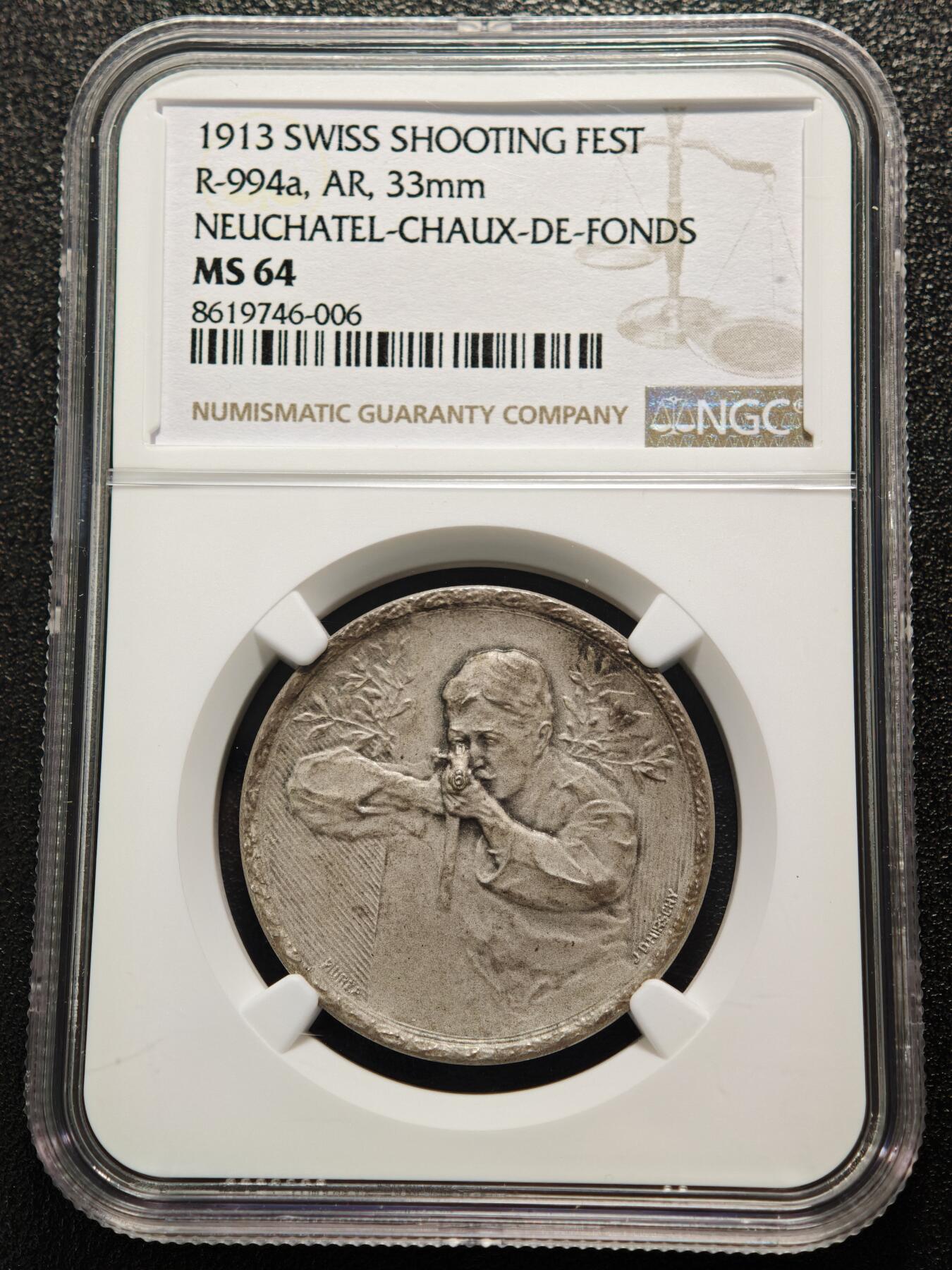 【德藏】世界币章拍卖第161期 1913年 瑞士纳沙泰尔射击节银章 磨砂质感 少见品种 状态极佳 NGC MS64