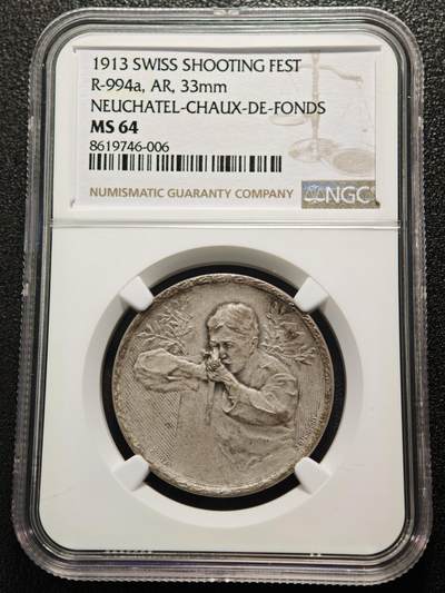 【德藏】世界币章拍卖第161期 - 1913年 瑞士纳沙泰尔射击节银章 磨砂质感 少见品种 状态极佳 NGC MS64