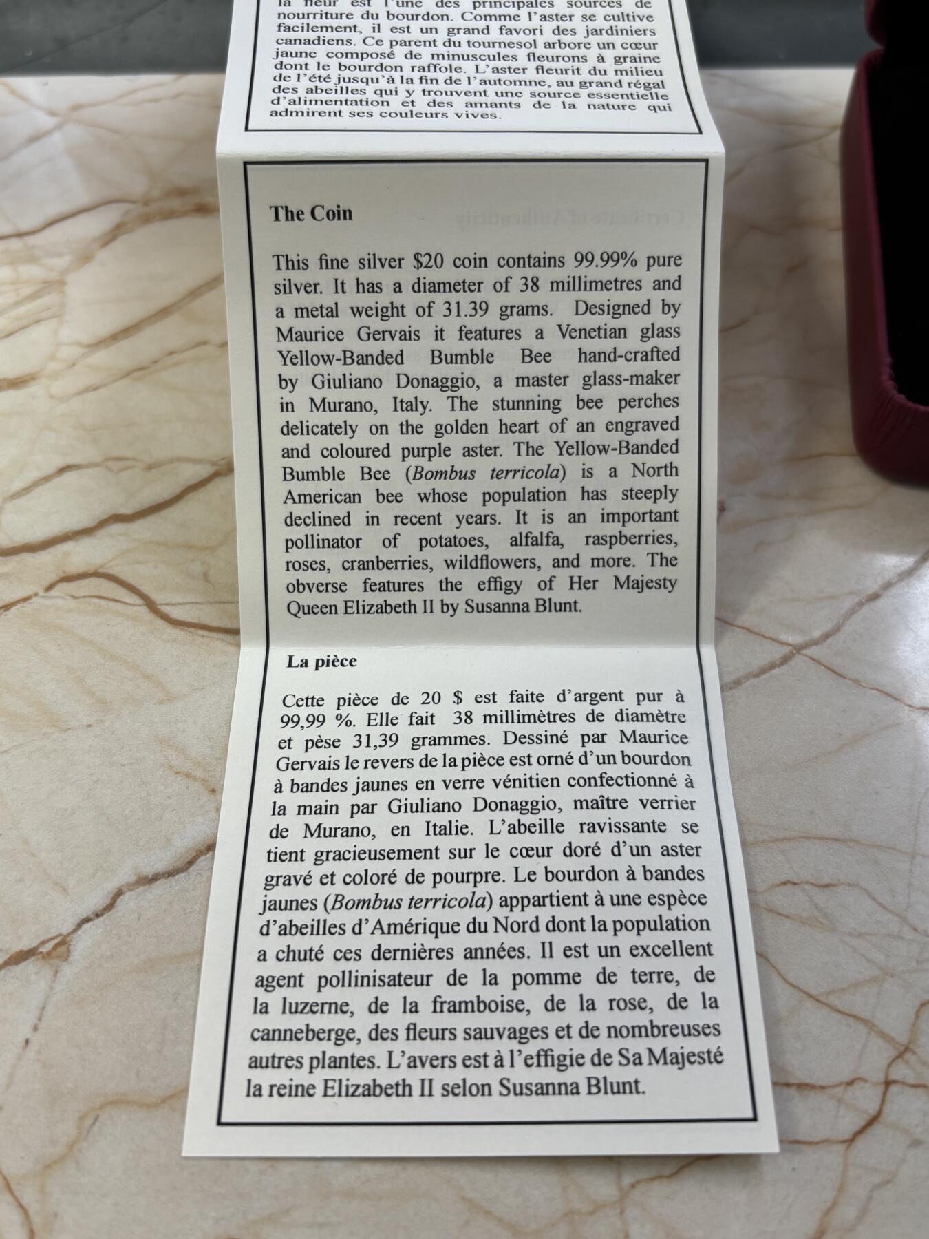 第187期拍卖 加拿大2012年蜜蜂镶嵌威尼斯彩色玻璃1盎司银币，9999银，发行10000枚