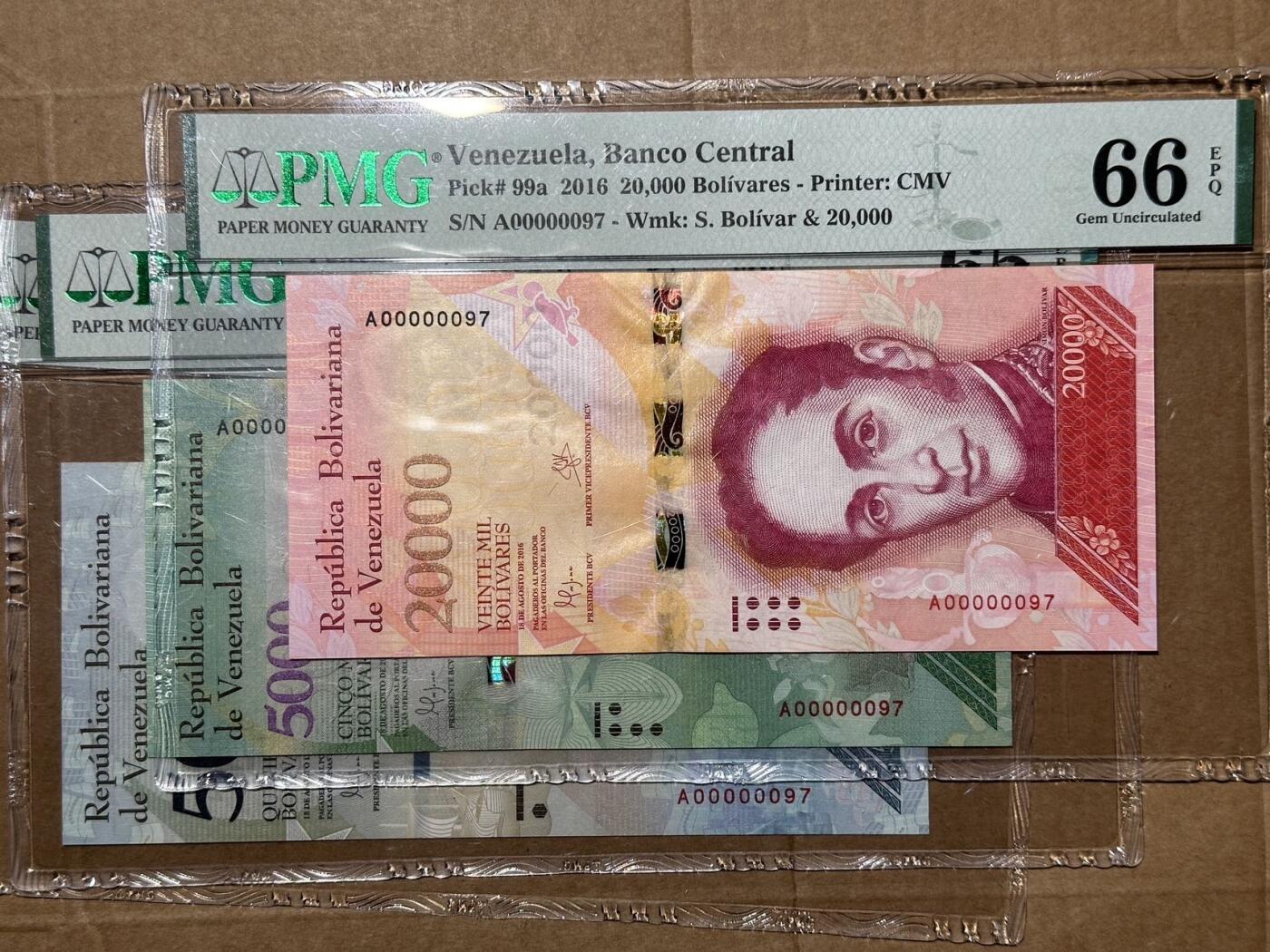 🐍甜小邱世界纸币收藏🐍第139期精品场💐 【全同号首发95号】委内瑞拉2016年500、5000和20000玻利瓦尔 委内瑞拉首发小号非常罕见 同号更为难得 PMG66、PMG65和PMG64